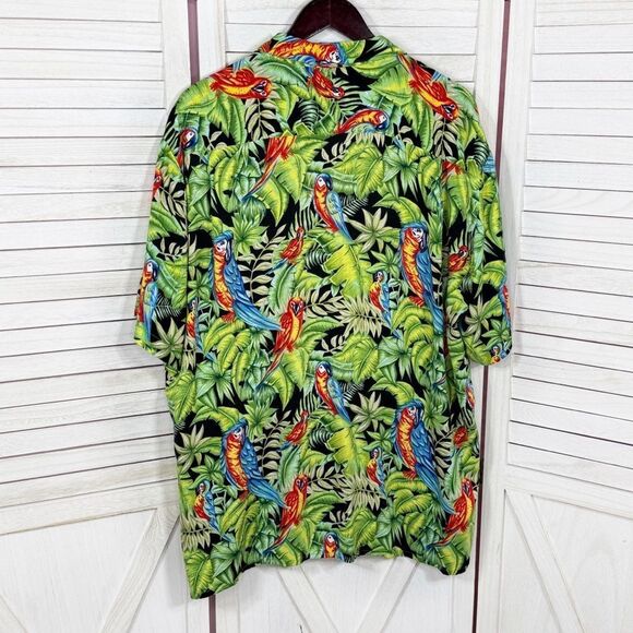 Pineapple Connection Tropical Parrots Hawaiian Camp Shirt Black Green Large - Picture 7 of 10